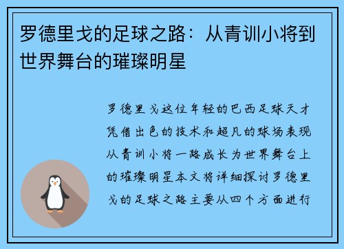 罗德里戈的足球之路：从青训小将到世界舞台的璀璨明星